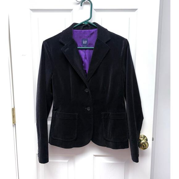 Gap Black Velvet Blazer, Purple Lining, Fitted, Patch Pockets, Women's Size 6 - Picture 1 of 6